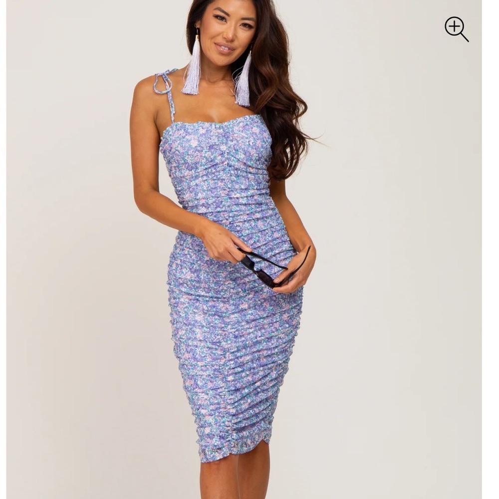 Lavender Floral Lace Ruched Midi Dress size L